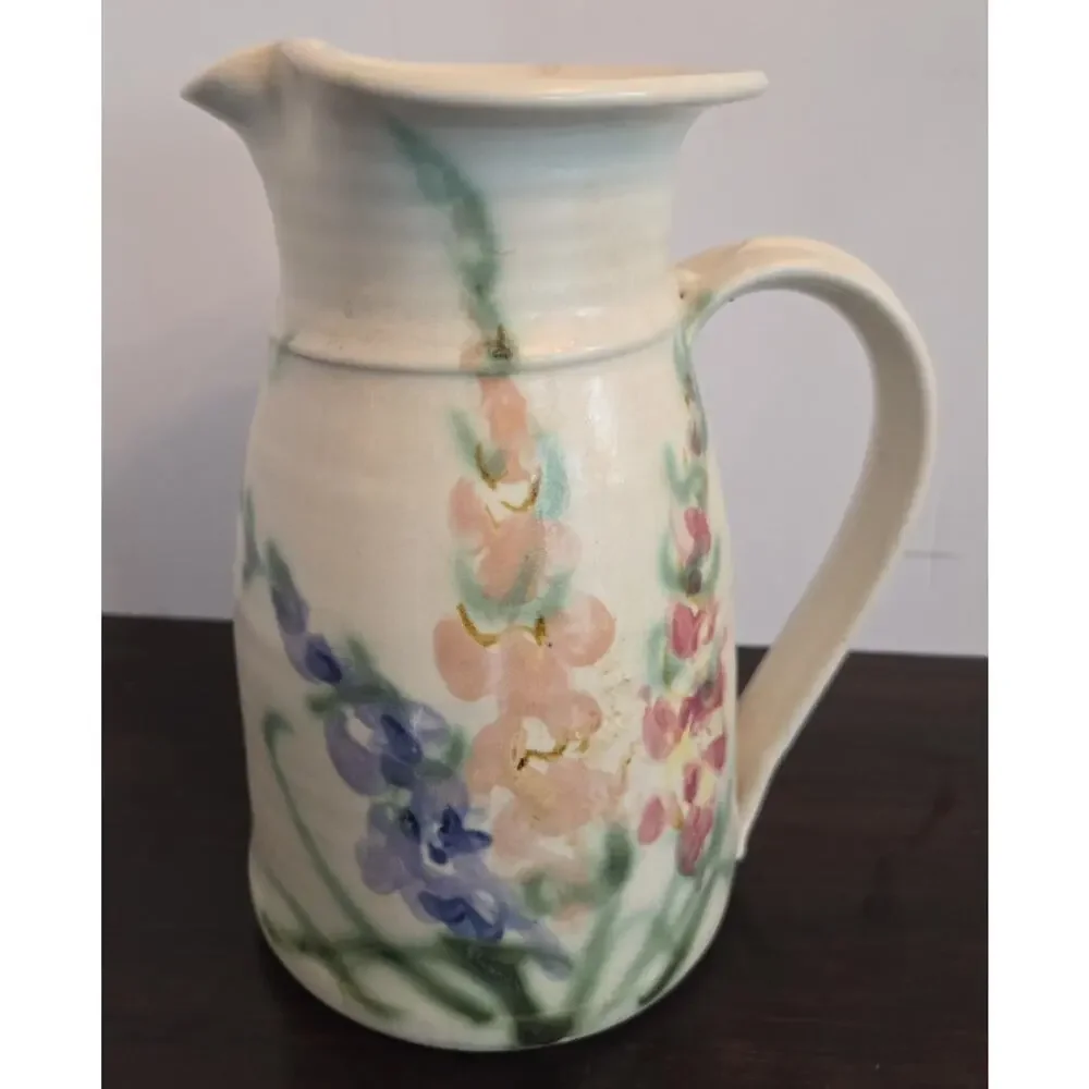 Clouds Folsom Pottery CA Handcrafted Pitcher Vase Handpainted Floral 1994 8.5